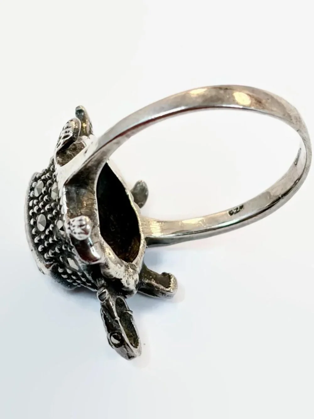Vintage RIng, Turtle, Head Moves, Articulated, Sterling Silver, Marcasite